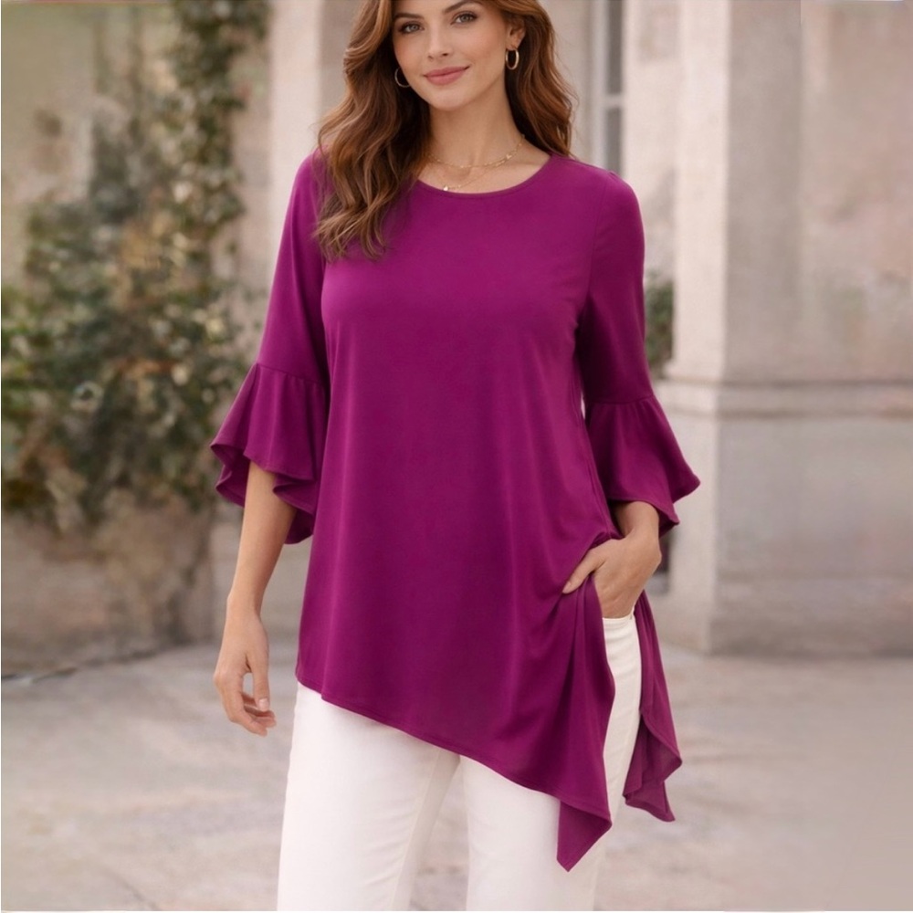 Alfani Magenta Asymmetric Ruffle Sleeve Tunic